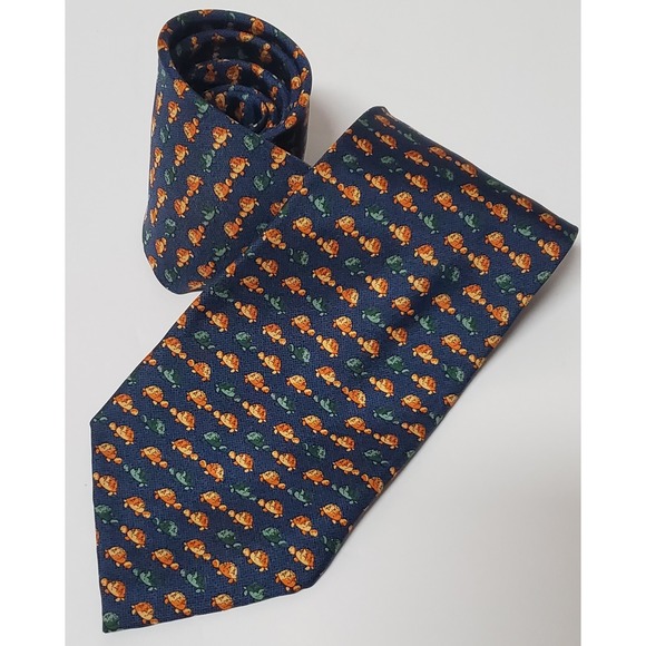 VTG Pura Seta Necktie Made Italy Silk Navy Green & Brown Turtles Greeting - Picture 3 of 6